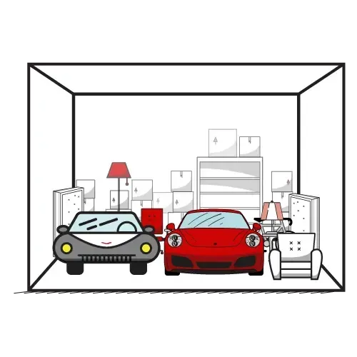 A storage unit filled with a red car, a grey car, boxes, furniture, and lamps.