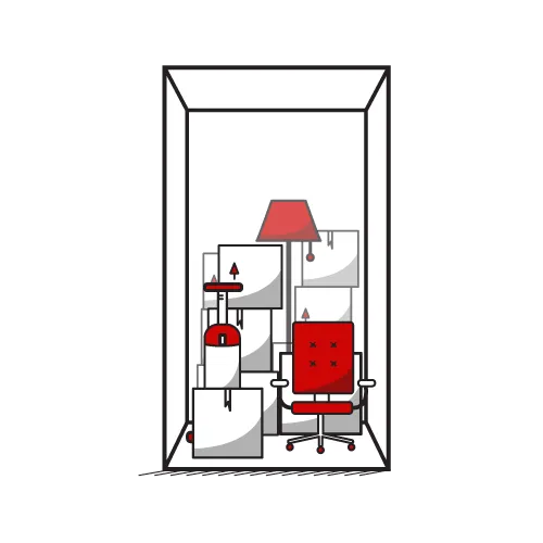 Storage unit filled with red office chair, lamp, and boxes.