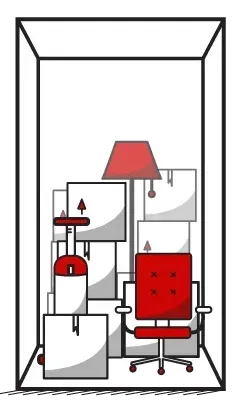 Storage unit with red chair, lamp, boxes, and items.