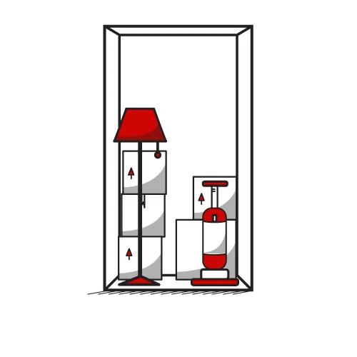 A storage unit containing a floor lamp, boxes, and a red vacuum cleaner.