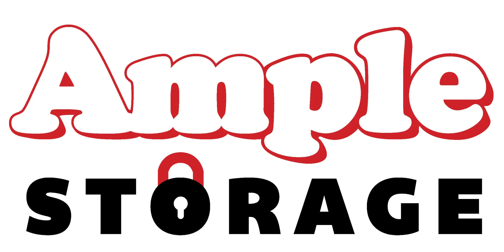 Logo for Ample Storage, red outline white text above black "STORAGE" with a keyhole for the "O."