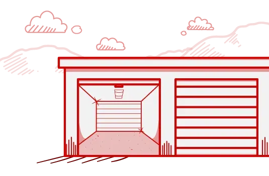 Red illustration of a garage with an open door, sunlight inside, and clouds in the sky.