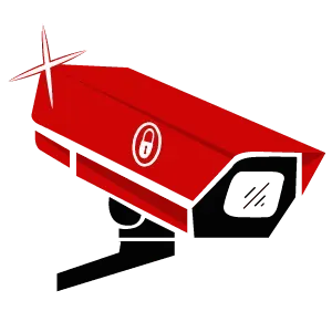 Red security camera with lock symbol, starburst, and black accents.