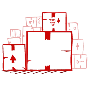 Pile of cardboard boxes, red outlines, with arrows and