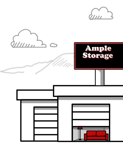 Ample Storage facility with open garage. Red sofa and lamp visible. Sign above. White building with clouds and mountains.