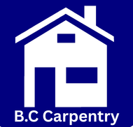 Logo for BC Carpentry, featuring blue wooden letters 