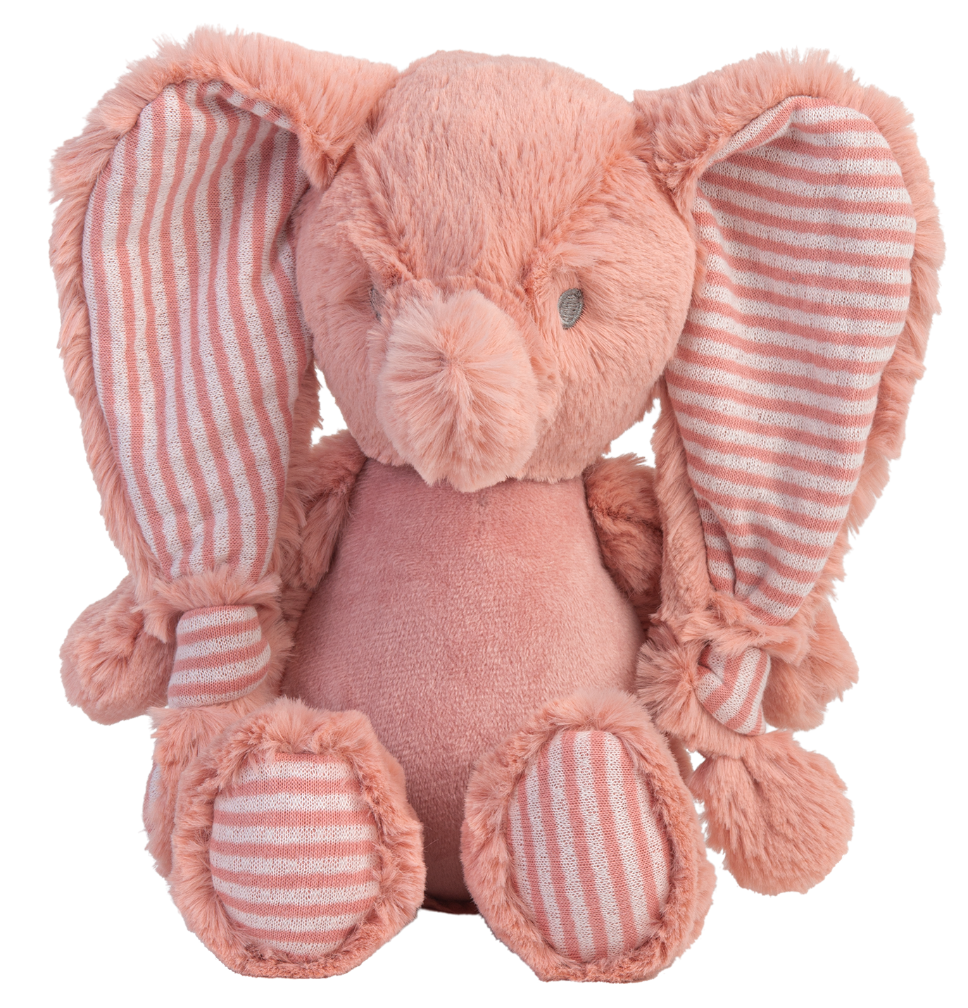 Happy horse olifant met gestreepte oren en poten, die rechtop zit en een zacht, gevuld lijfje heeft.