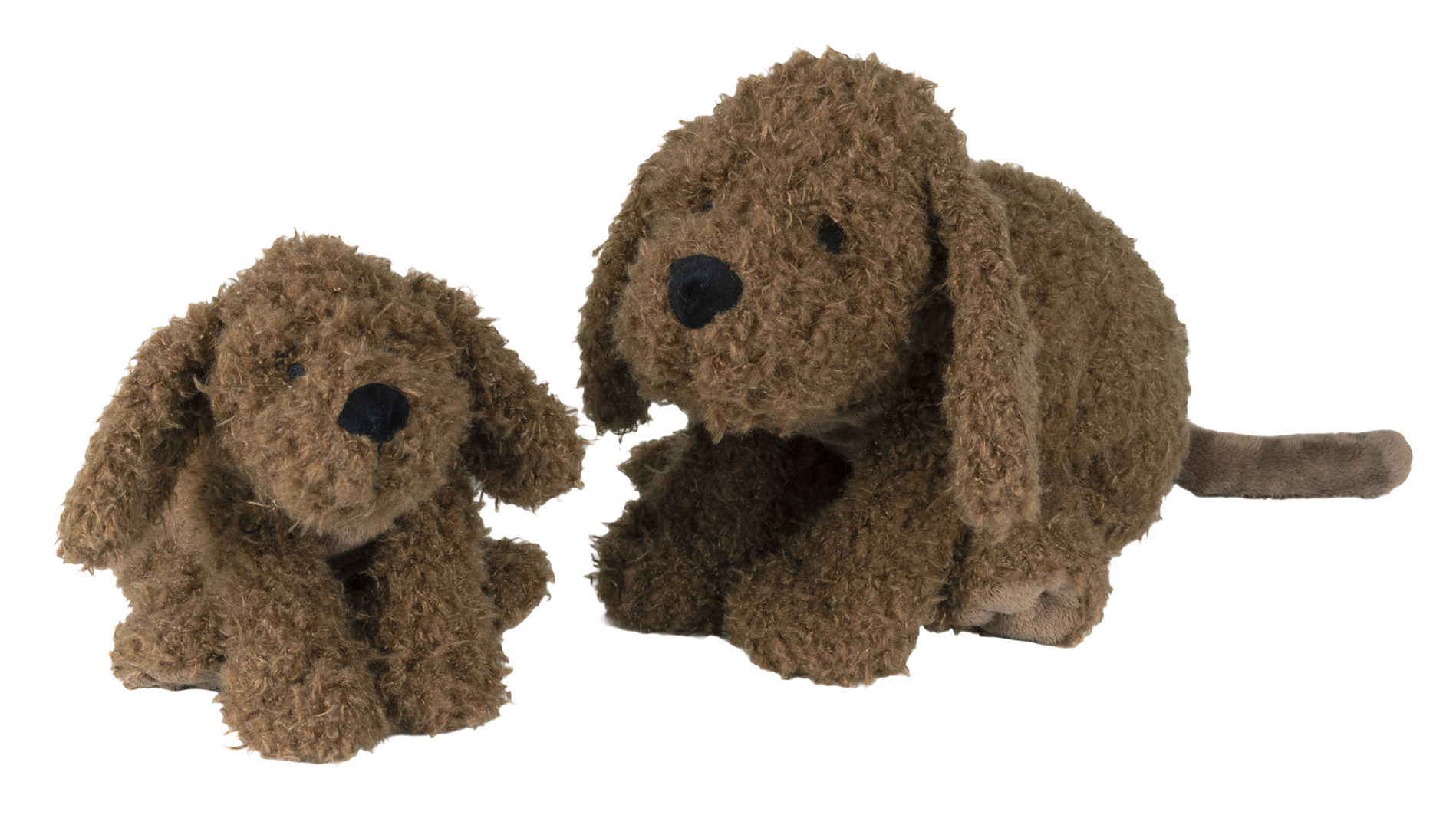 Twee bruine pluche teckelknuffels, een zittende en een liggende.