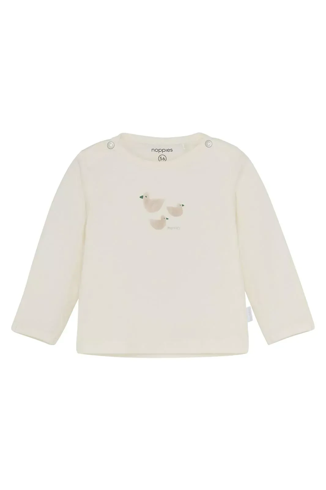 Crèmekleurig babytopje met lange mouwen en een kleine dierenprint op de borst.