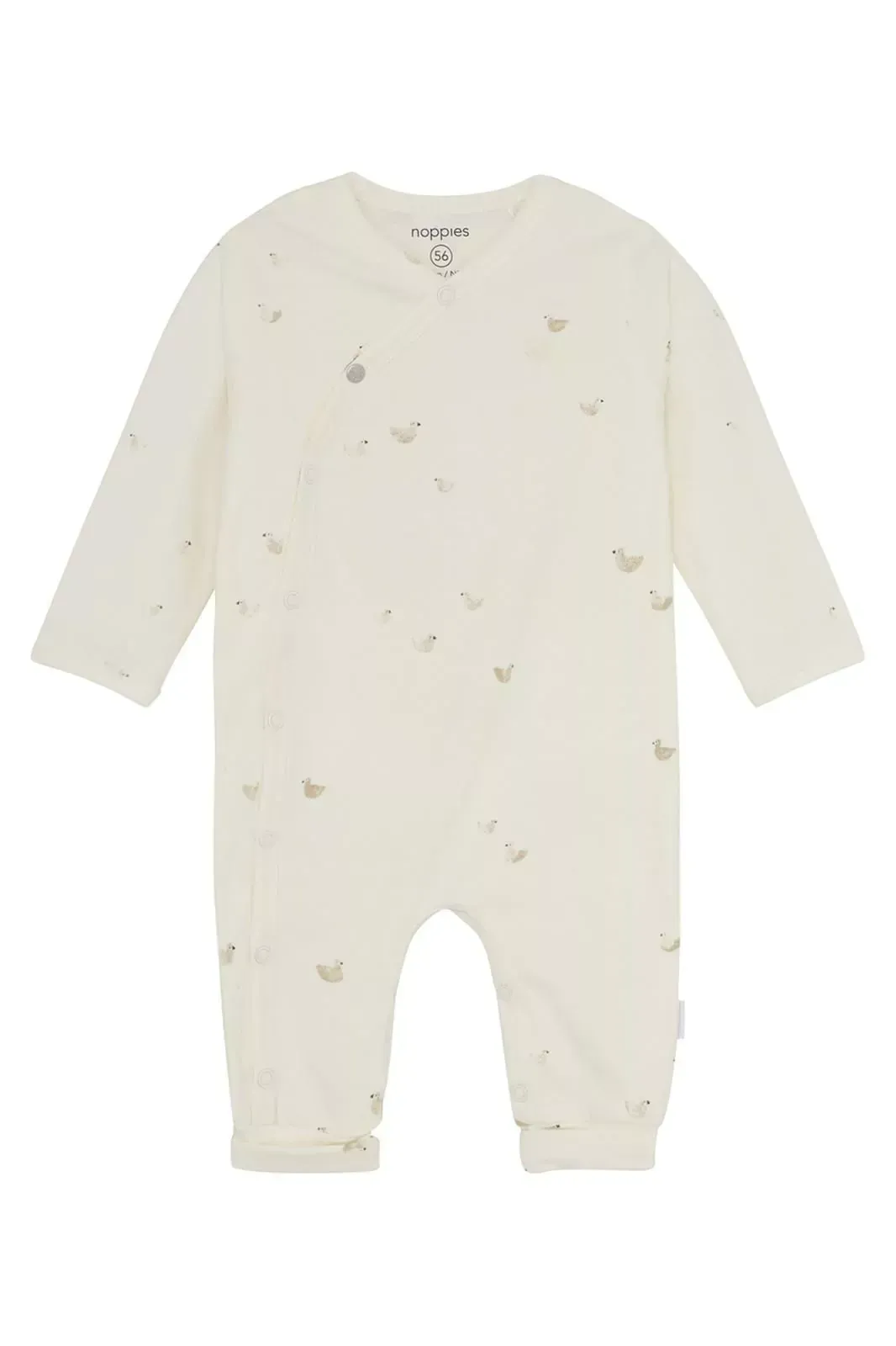 Crèmekleurige babyromper met lange mouwen en een kleine bloemenprint, van voren gezien op een witte achtergrond.