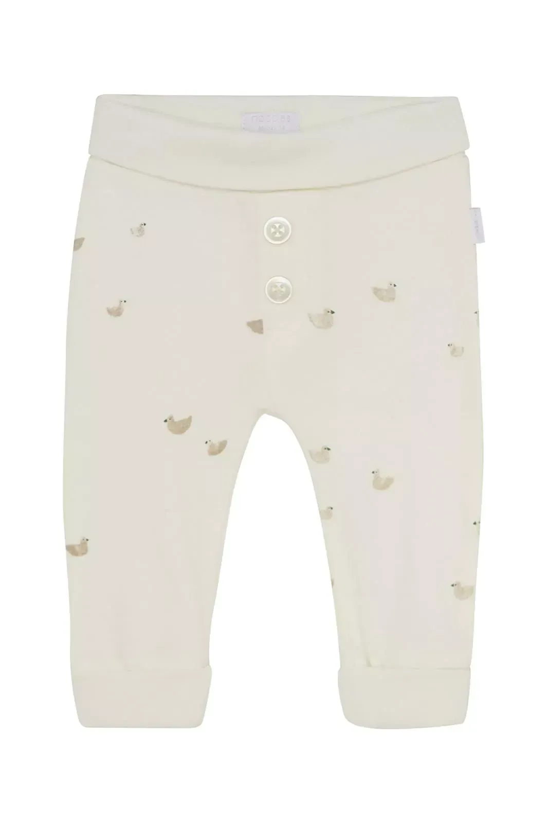 Off-white babylegging met omgeslagen tailleband en klein goudkleurig hartjespatroon.