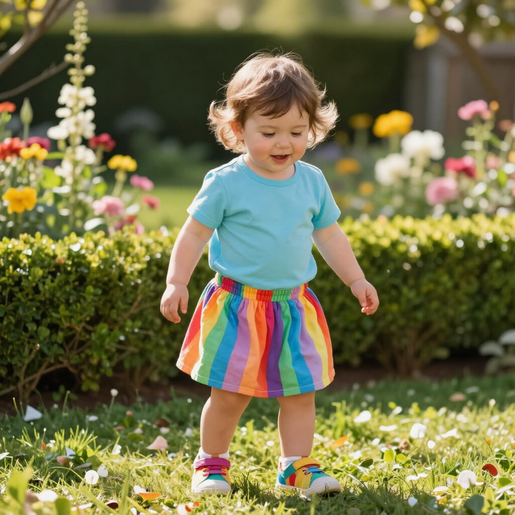 Een peuter in een turquoise shirt en regenboogrokje loopt door een zonnige bloementuin.