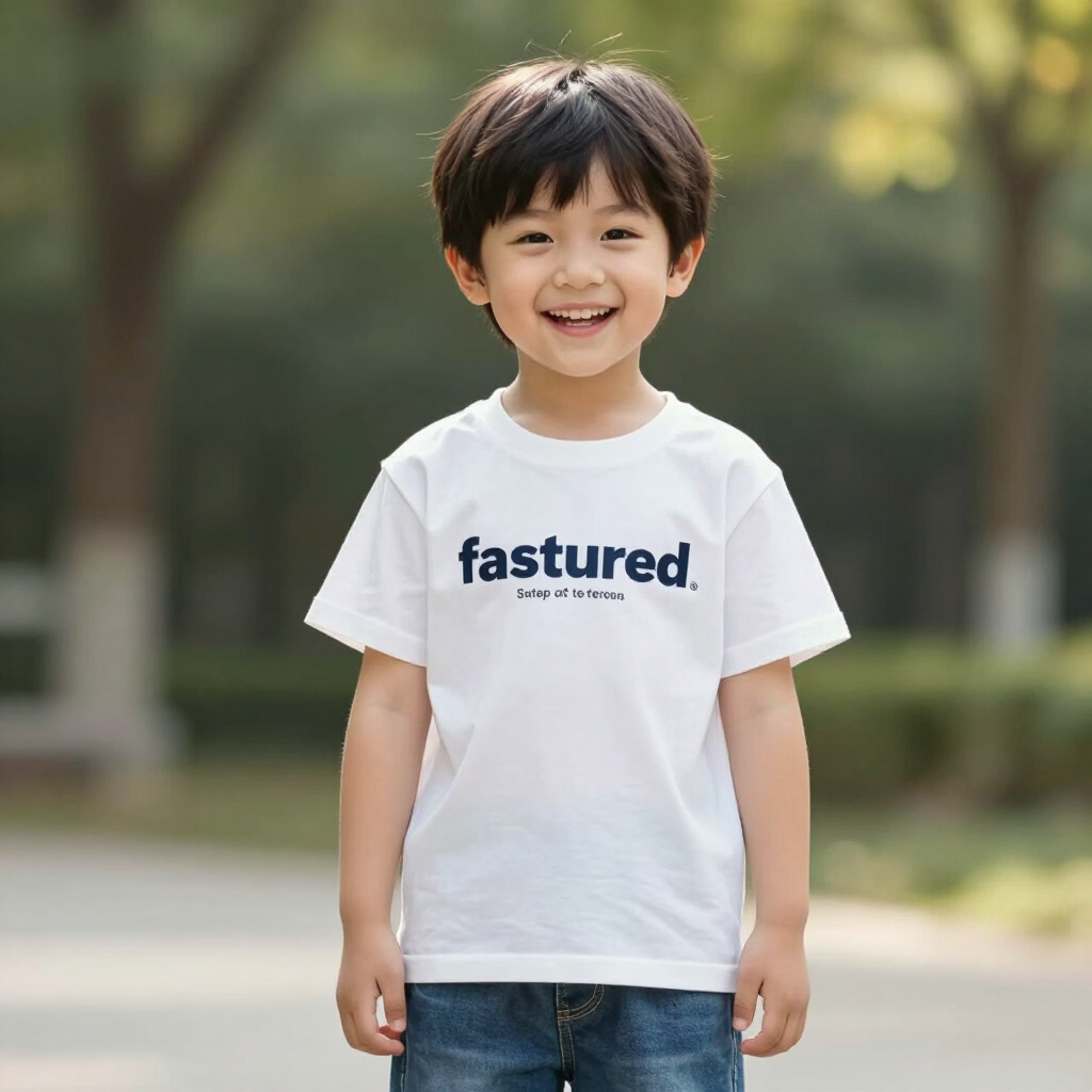 Een lachend kind in een wit T-shirt en spijkerbroek staat buiten in een park.
