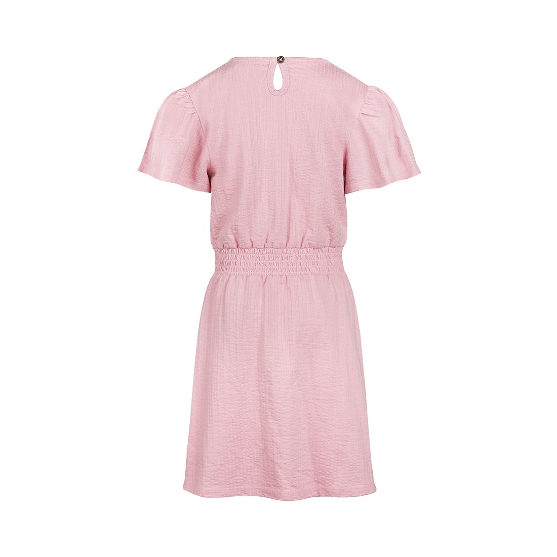 Roze jurk met korte mouwen, geplooide taille en uitlopende rok op een witte achtergrond.