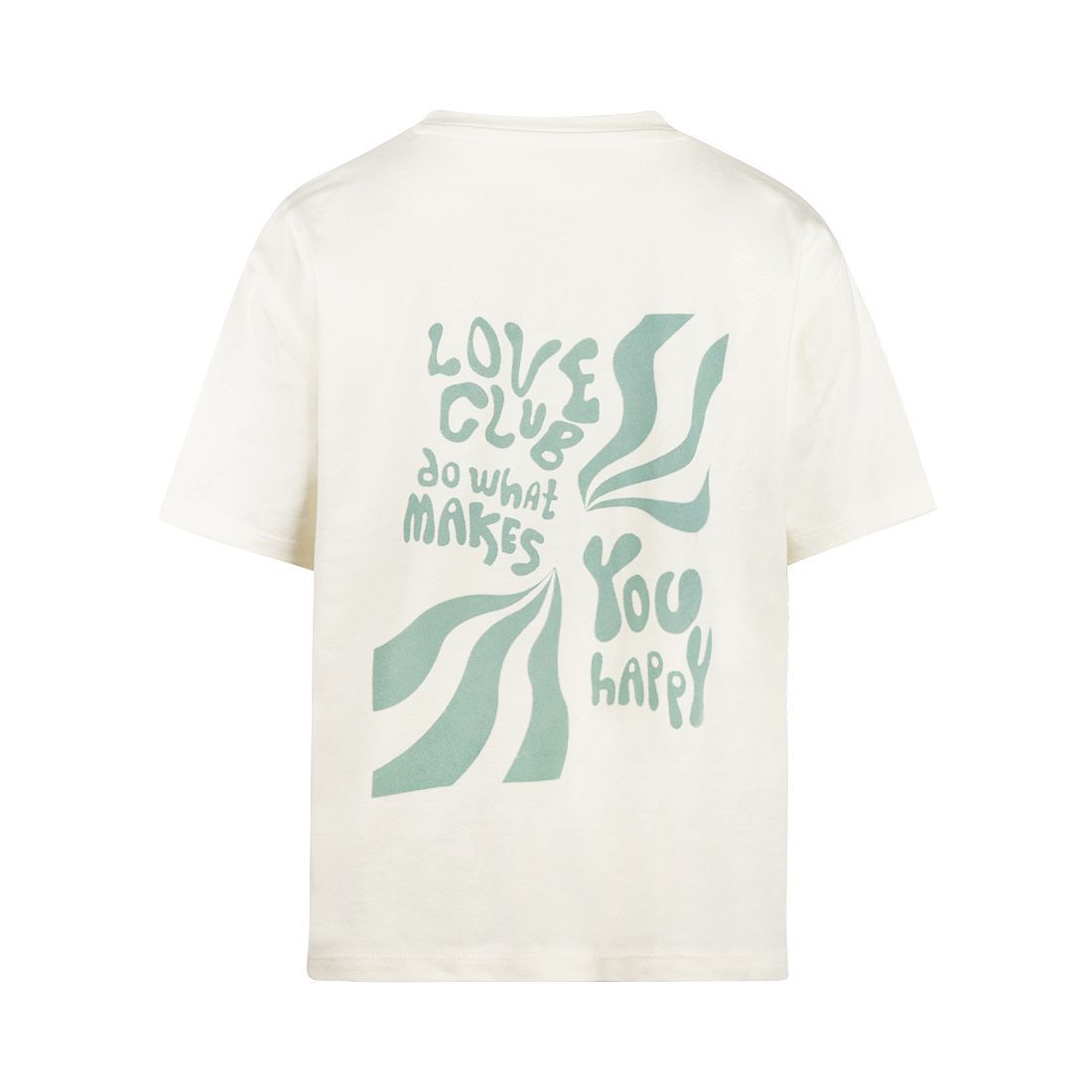 Wit T-shirt met een kleine groene afbeelding op de linkerborst en een klein zwart labeltje bij de zoom.