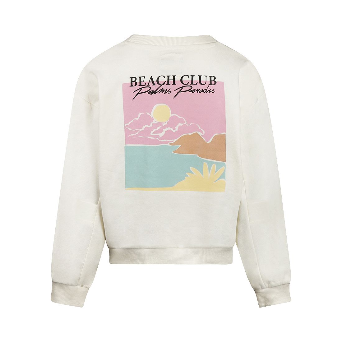 Crèmekleurige sweater met ronde hals, lange mouwen en een klein logo op de borst, vooraanzicht.