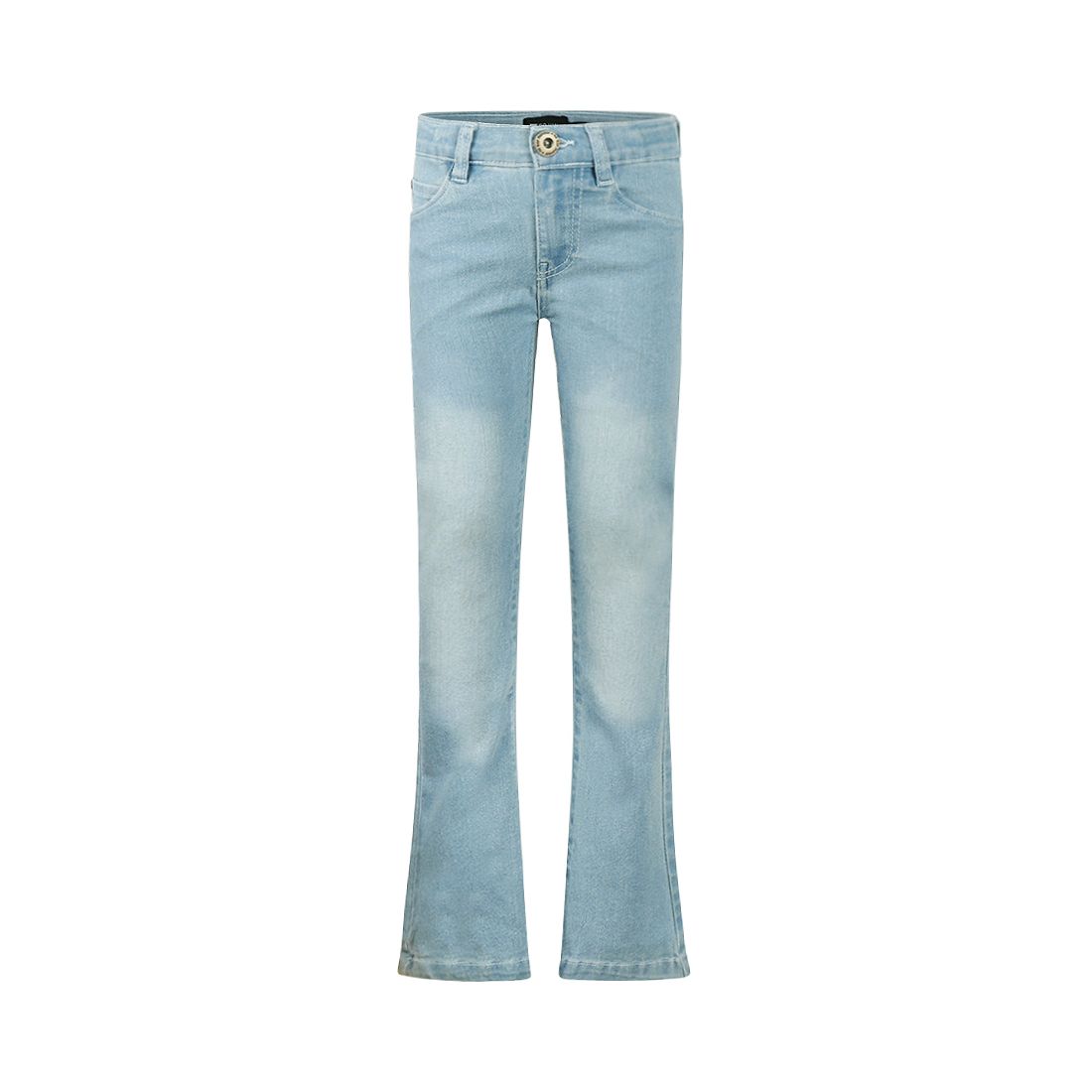 Lichtblauwe flared jeans, geïsoleerd op een witte achtergrond.