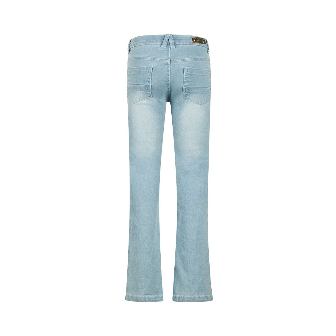 Lichtblauwe flared jeans, geïsoleerd op een witte achtergrond.
