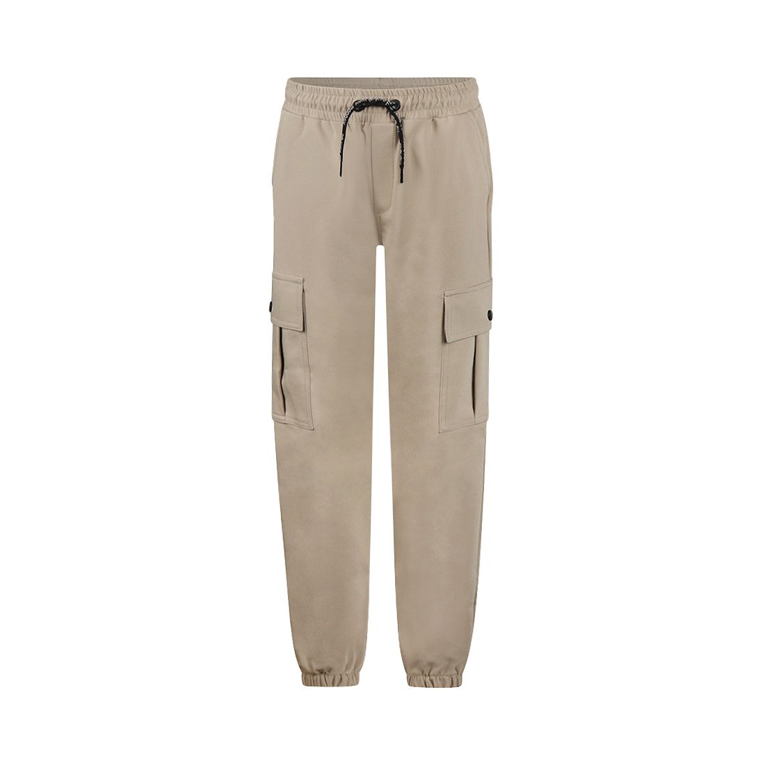 Beige cargo joggingbroek met elastische tailleband en trekkoord.