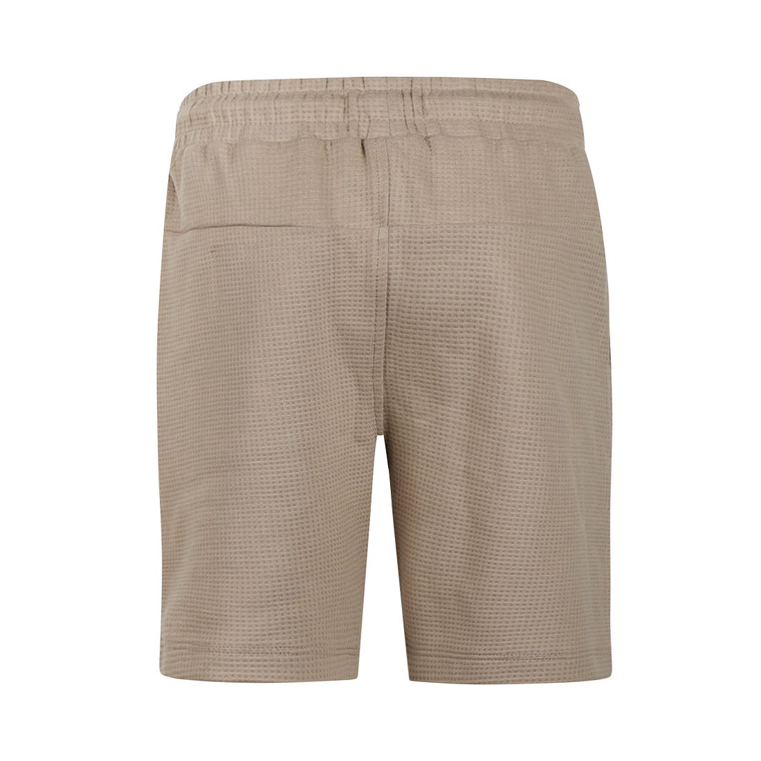 Beige gebreide shorts met zwart trekkoord en klein rond logo-patch.