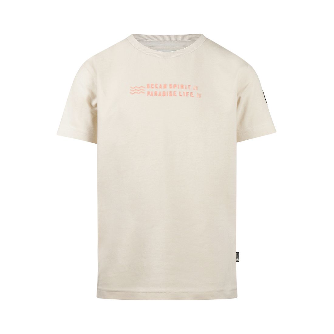 Crèmekleurig T-shirt met korte mouwen en een klein roze logo op de borst, van voren gezien op een witte achtergrond.