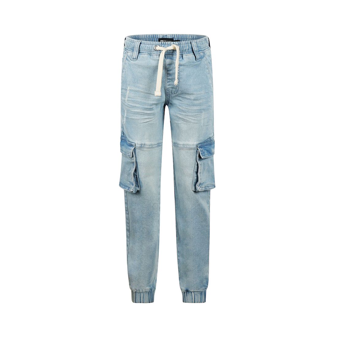 Lichtblauwe cargo jeans met trekkoord in de taille en zijzakken.