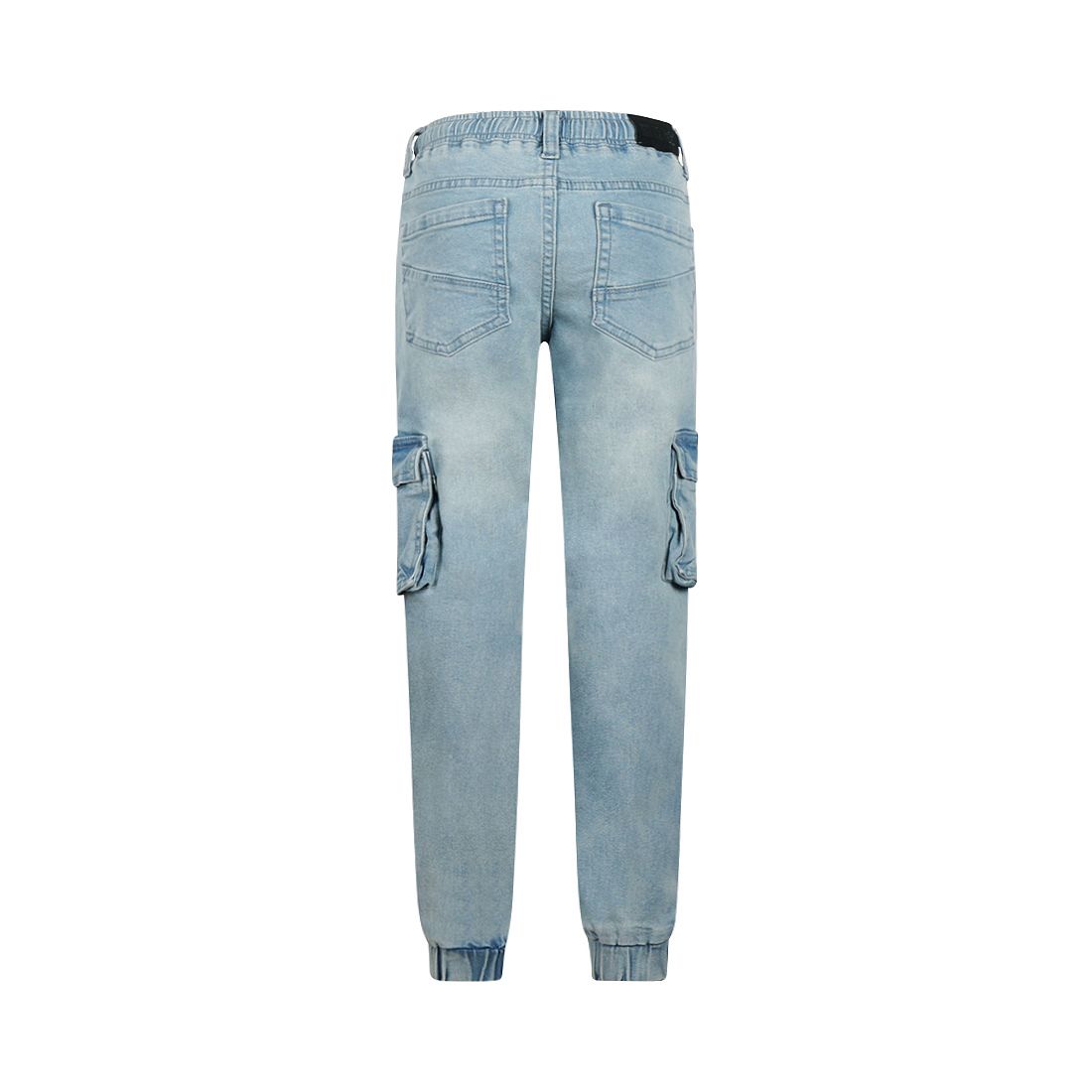 Lichtblauwe cargo jeans met trekkoord in de taille en zijzakken.