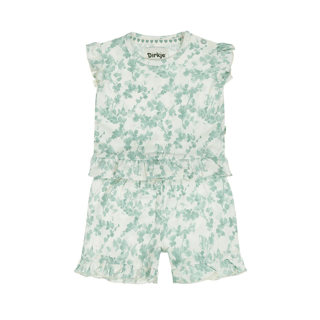 Mintgroene mouwloze jumpsuit met bloemenprint, ruches op de schouders en een bijpassend shortje.