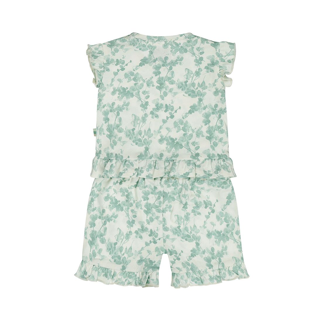 Mintgroene mouwloze jumpsuit met bloemenprint, ruches op de schouders en een bijpassend shortje.