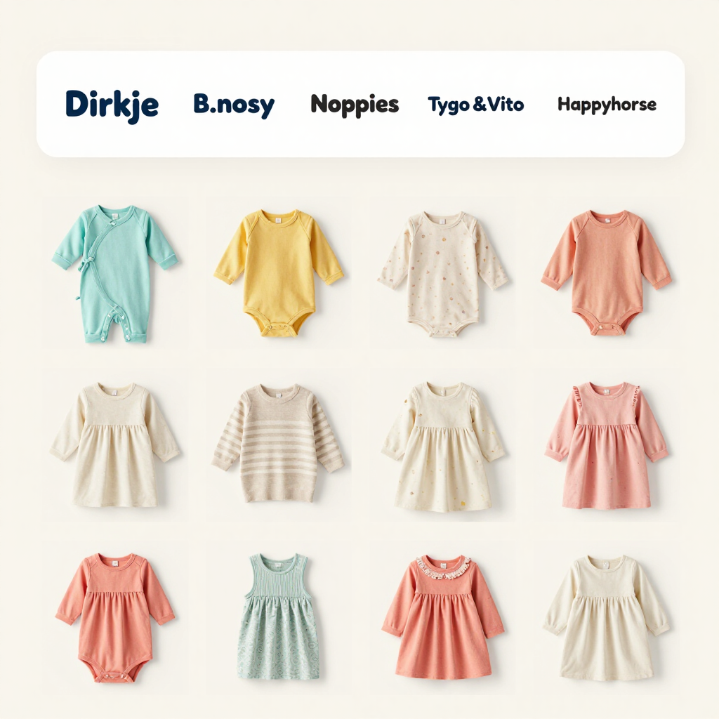 Homepage van een kledingwinkel met merklogo's en een raster van pastelkleurige babyrompertjes en -jurkjes.