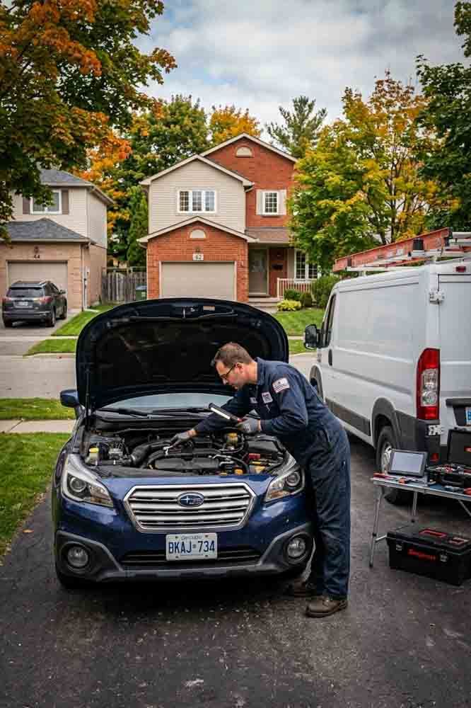 a mobile mechanic on a driveway in Newmarket, Ontario, at a suburban residential house diagnosing under the hood of a vehicle