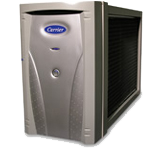 A carrier air purifier is sitting on a white surface.