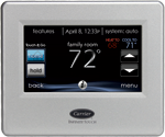 A thermostat with a screen that says 72 degrees on it.