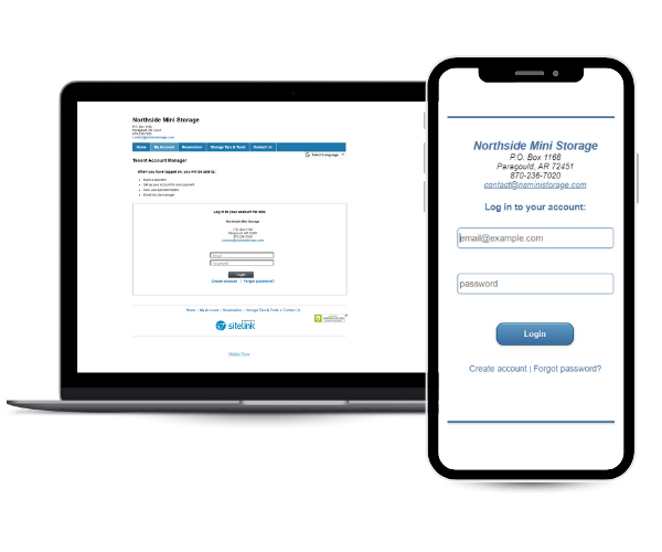 A laptop and smartphone displaying a Northside Mini Storage website login page for account access.