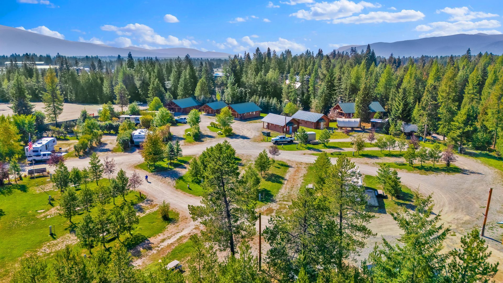 Aerial view of campground, RV sites and forest in Bonners Ferry, Idaho
