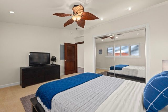A bedroom with a bed , television , and ceiling fan.