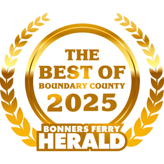 Gold “The Best of Boundary County 2025” Bonners Ferry Herald award badge with laurel wreaths