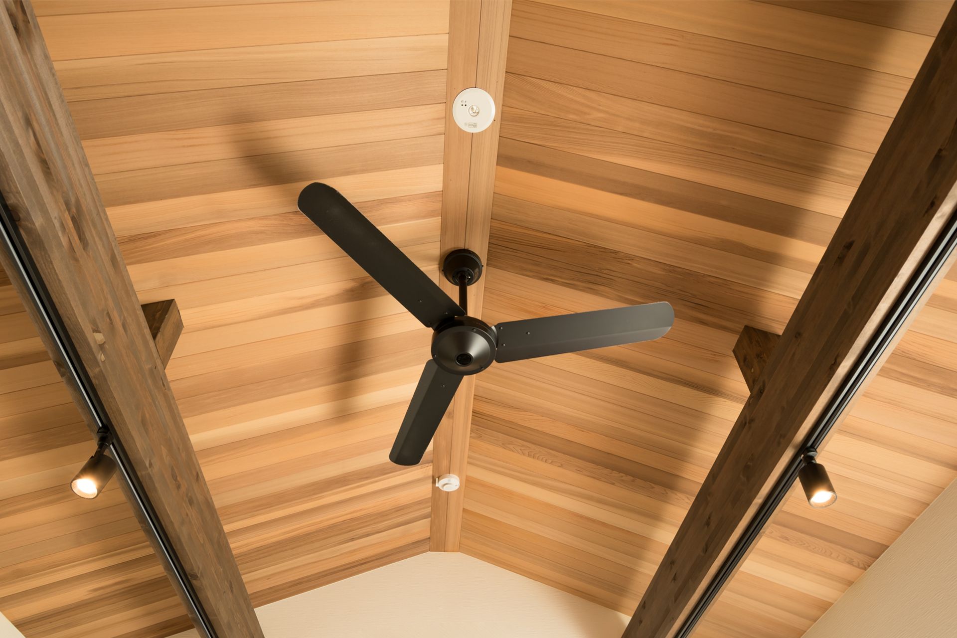 Black ceiling fan on a wood-paneled vaulted ceiling with track lights and exposed beams.
