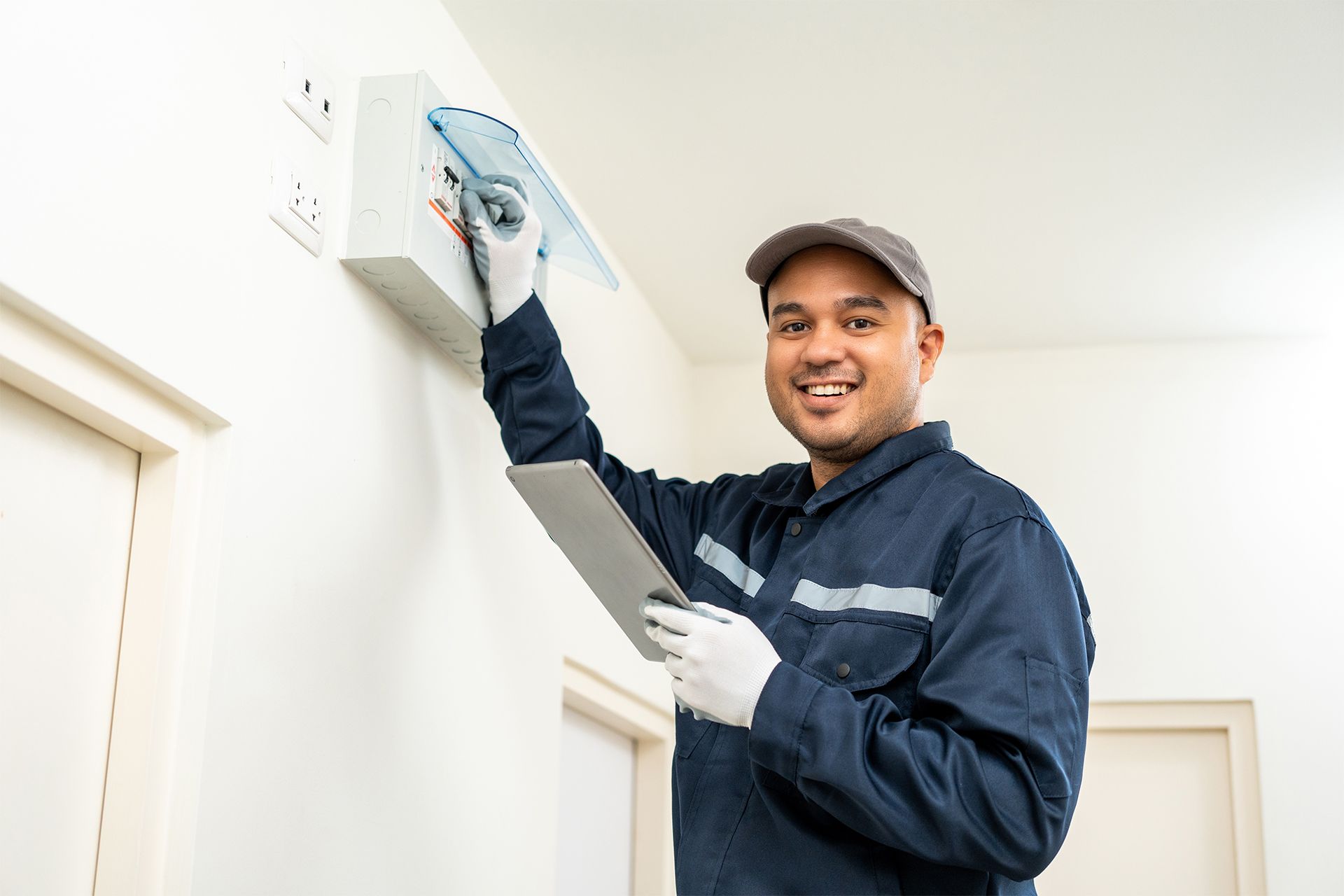 Technician inspecting a wall-mounted electrical box with a screwdriver in a bright room.
