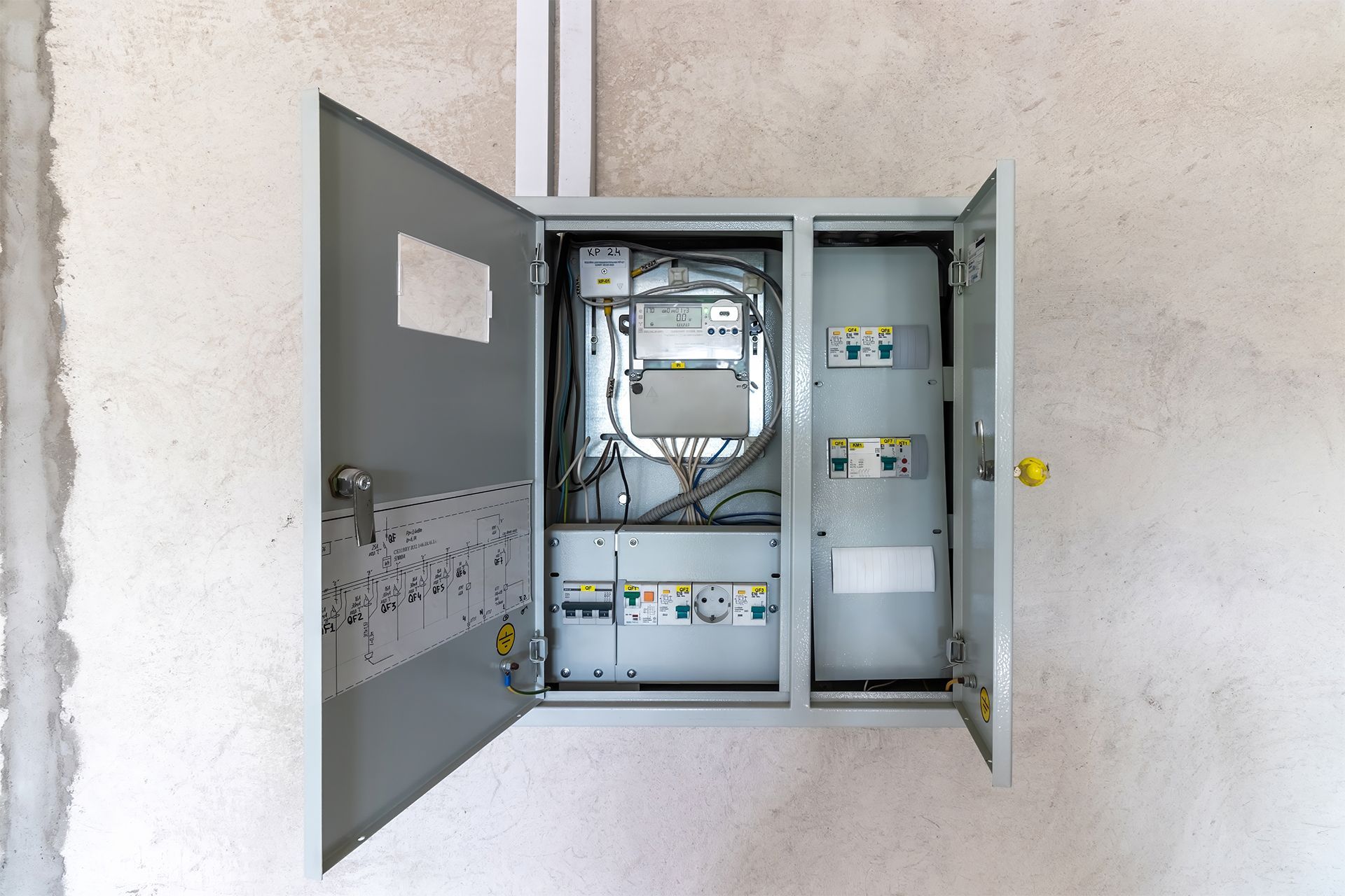 Open electrical cabinet with meters and wiring mounted on a wall.
