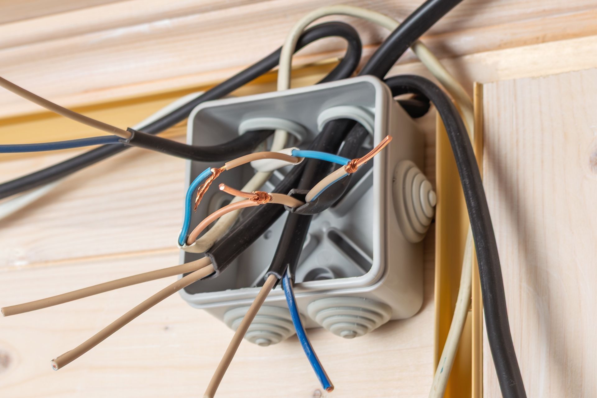 Open electrical junction box with exposed wires and cables on a wooden wall.