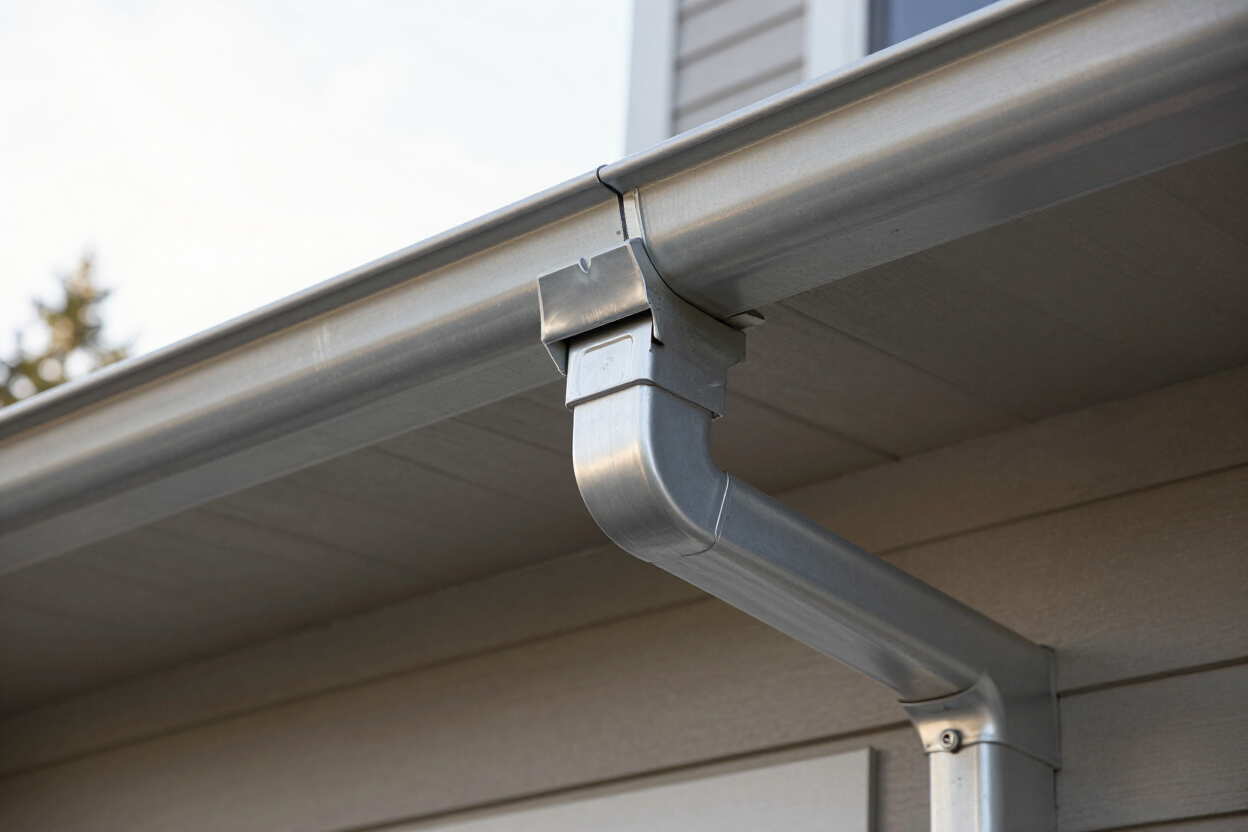 Close-up of a silver rain gutter and downspout on a roofline