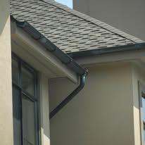 Yellow leaves and debris lodged in a white roof gutter beside a dark shingled roof.
