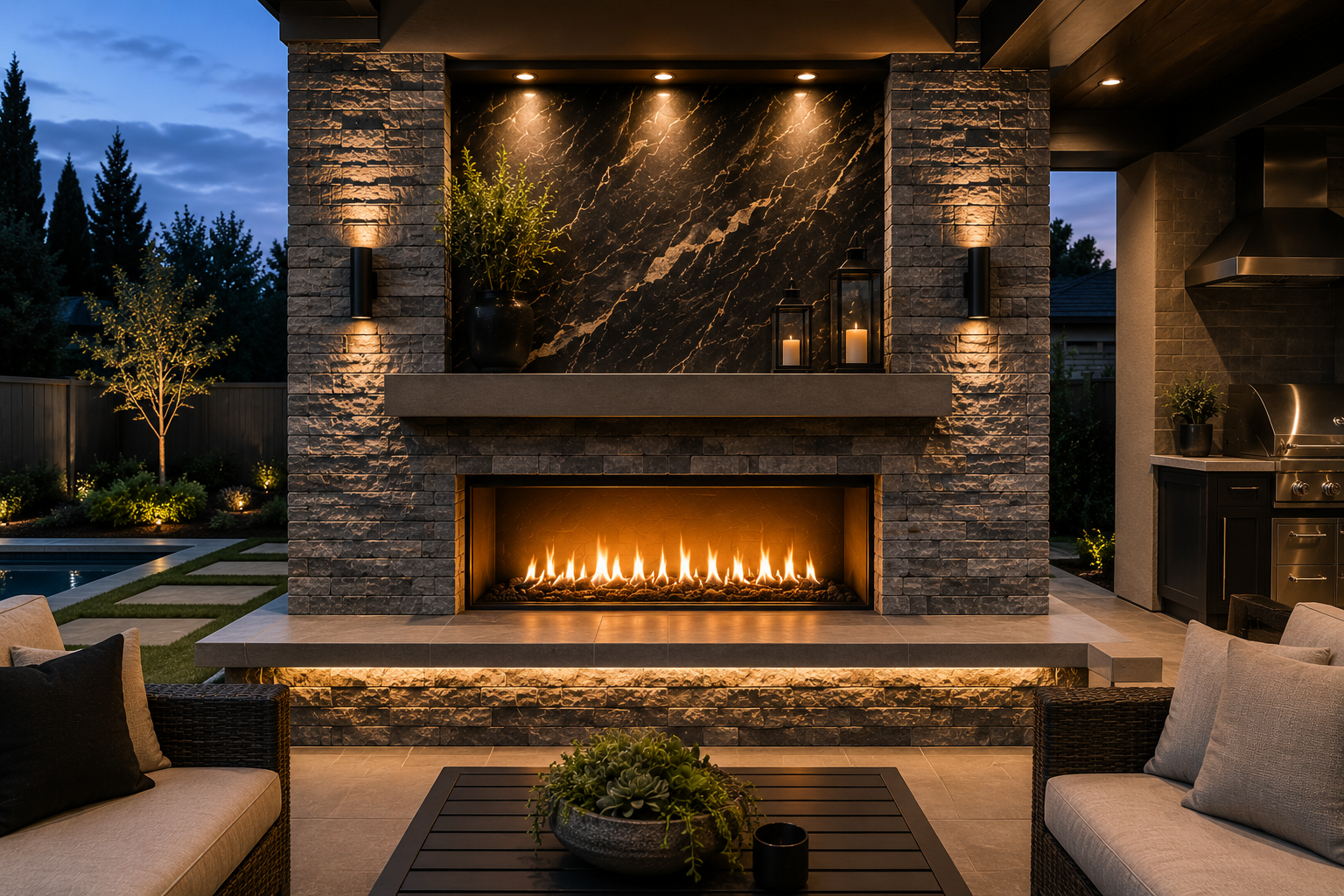 Modern stone patio with a glowing outdoor fireplace and cushioned seating at dusk