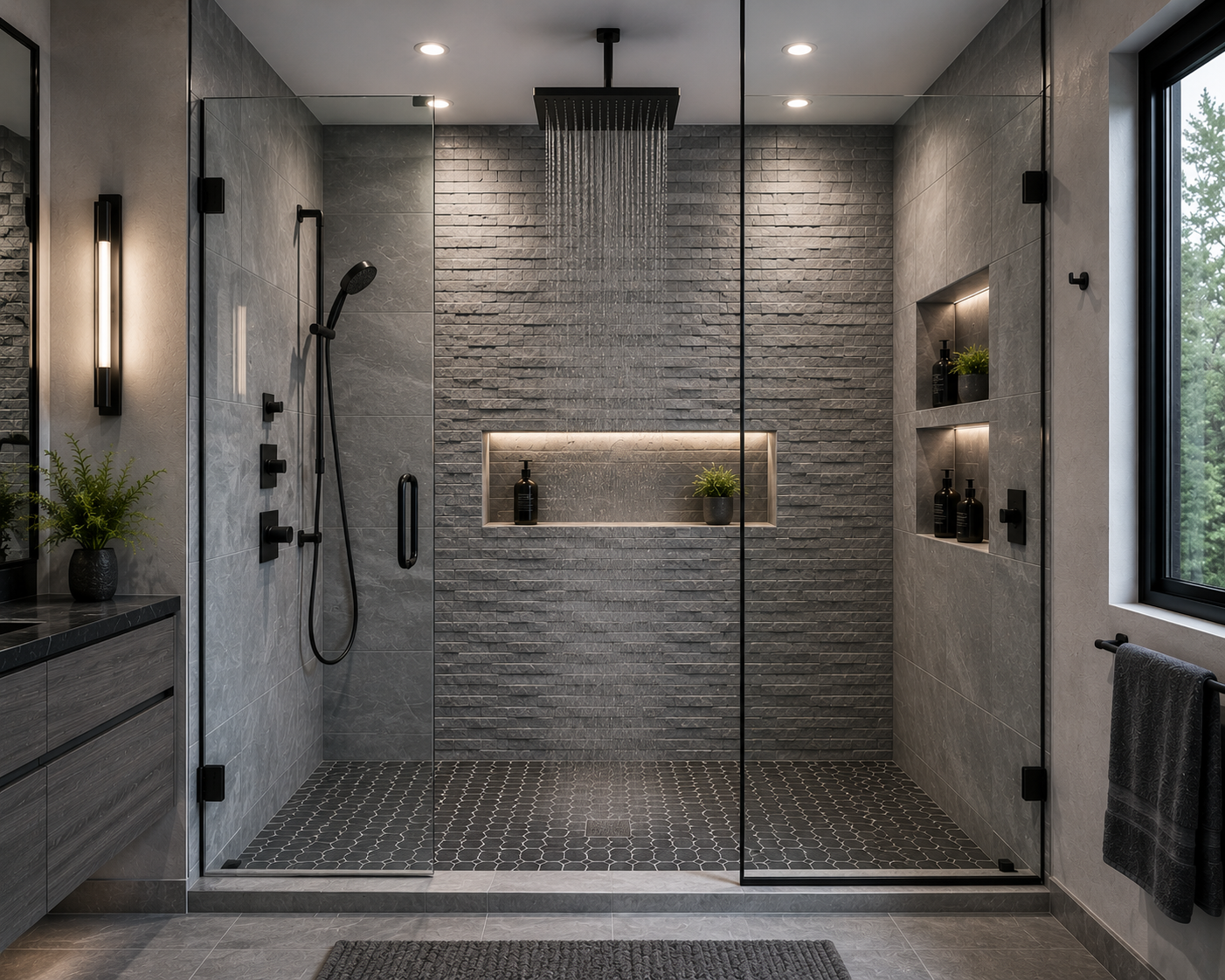 Modern tiled walk-in shower with rain showerhead, built-in shelf, and glass doors