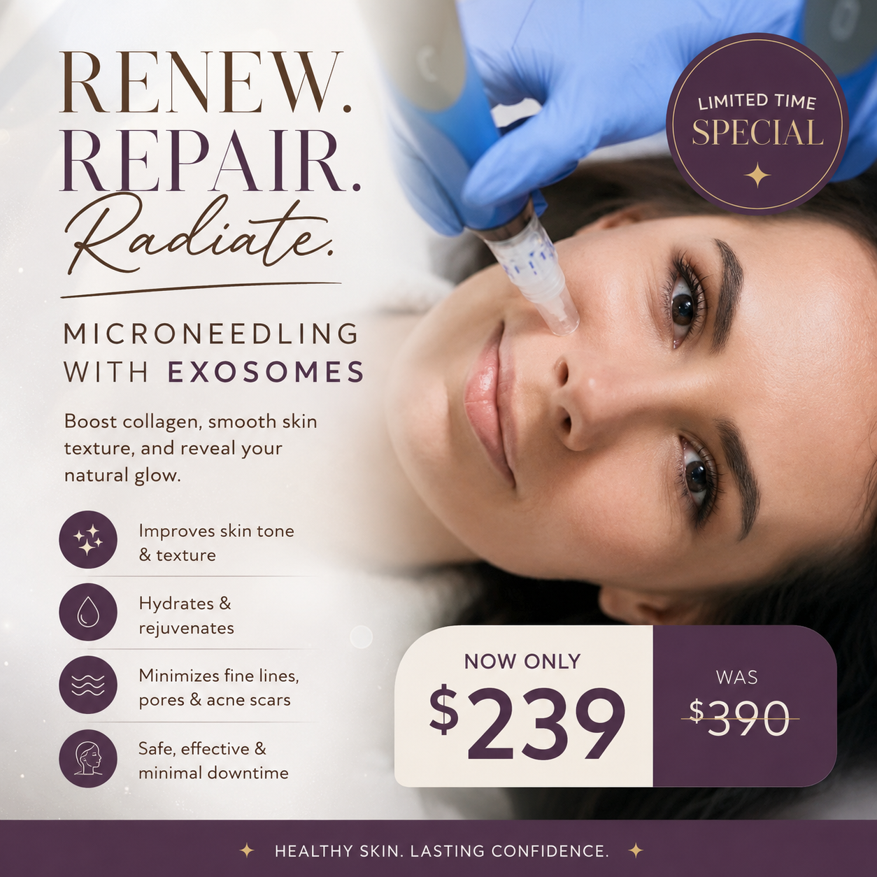 Microneedling with exosomes ad for skin repair, showing a woman receiving facial treatment and price offer.