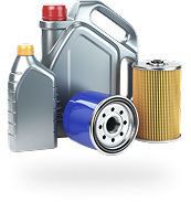 Oil bottles and filters, gray and orange, for automotive maintenance. | Acadia Auto Service