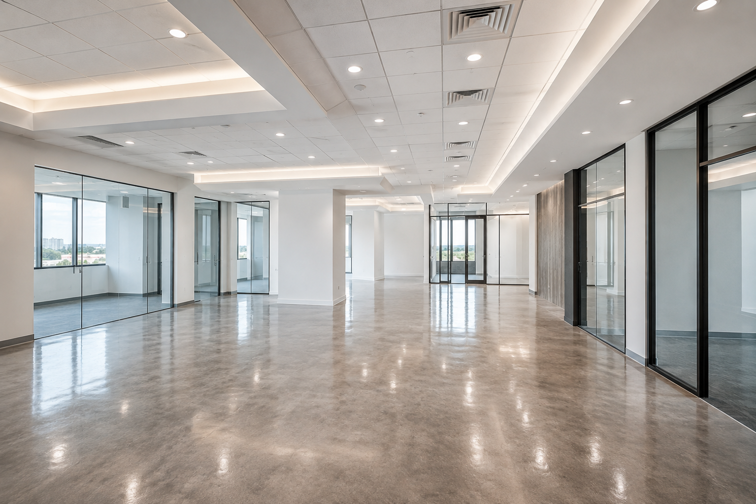 Empty modern office space with glass walls, polished floors, and bright overhead lighting