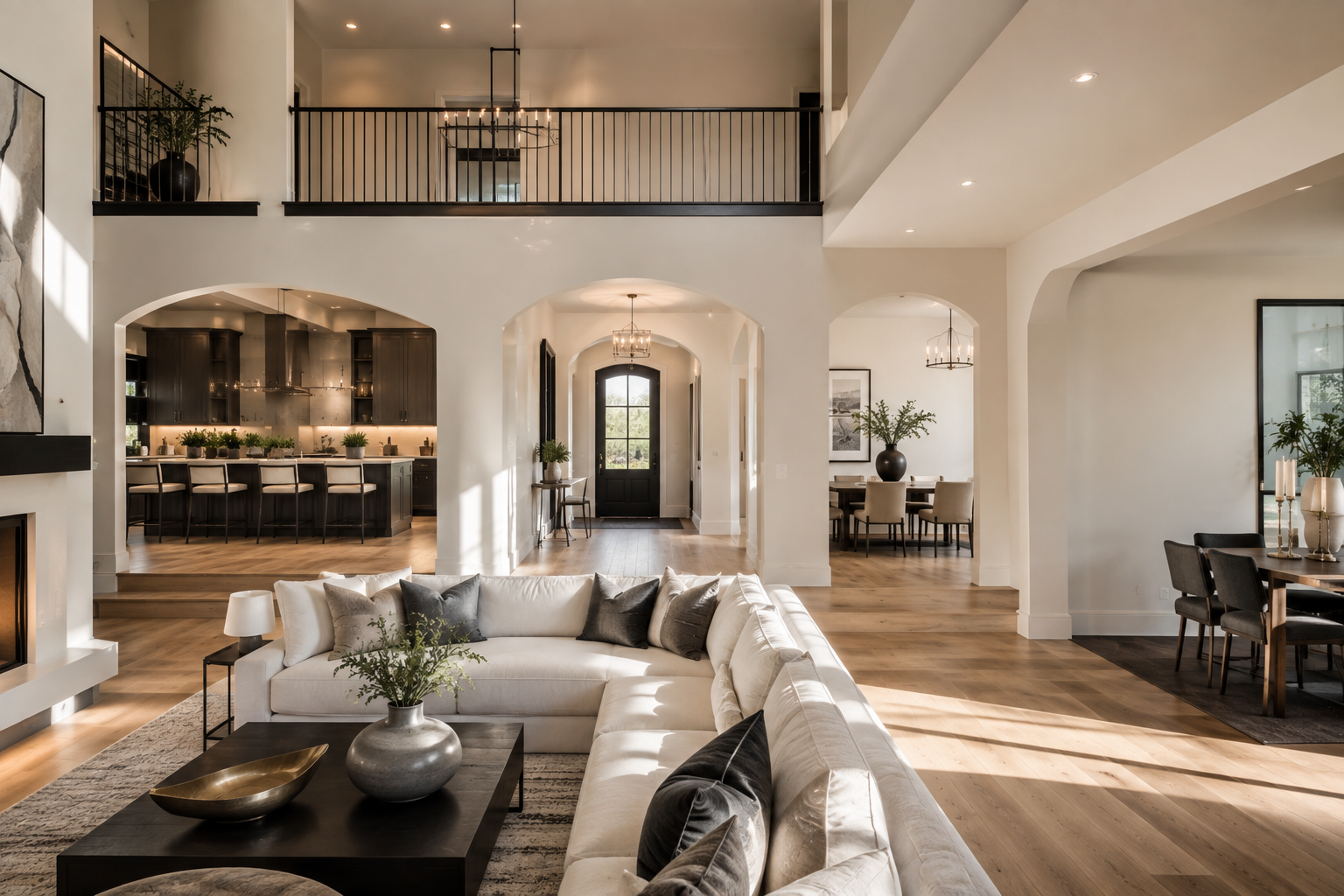 Spacious modern living room with neutral sofas, arched doorway, and open dining area with warm wood floors.