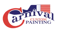 Carniva Custom Painting logo with red and navy text, stylized flag accents, on a white background